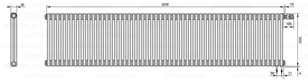 Схема (чертеж) Радиатор Zehnder Charleston 2100/53 №V002 Белый глянцевый RAL 9016